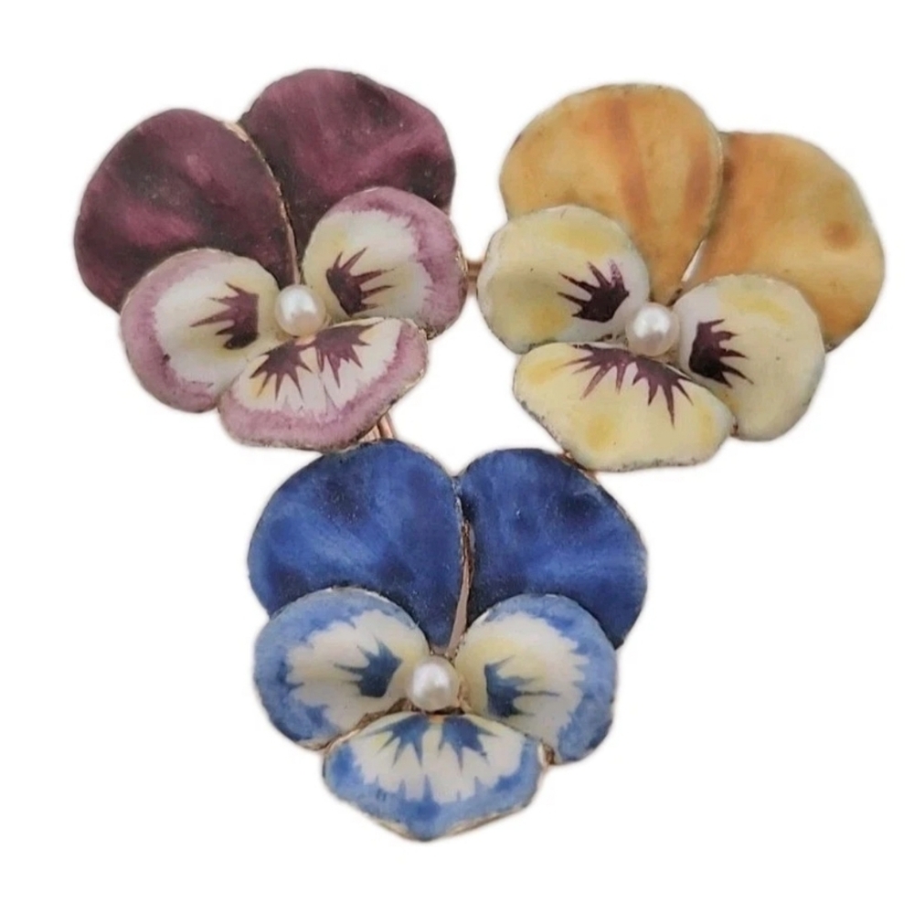 Antique 14K Gold Pearl Enamel Pansy Flower Brooch Estate 7.2 grams